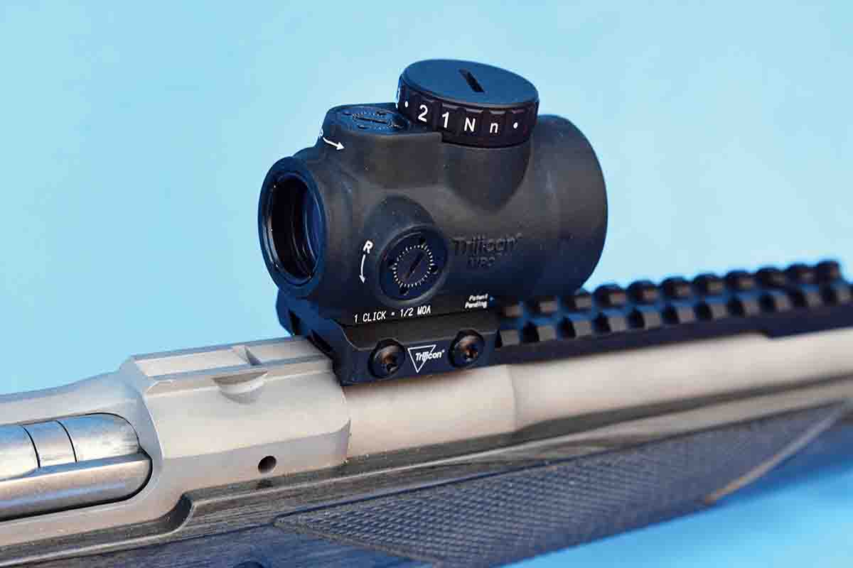 A Trijicon MRO 1x25 reflex is a popular sight option for the Ruger Gunsite Scout. It’s compact, lightweight, durable and features an adjustable LED and 2.0-MOA red dot with a low profile Picatinny rail mount adaptor.